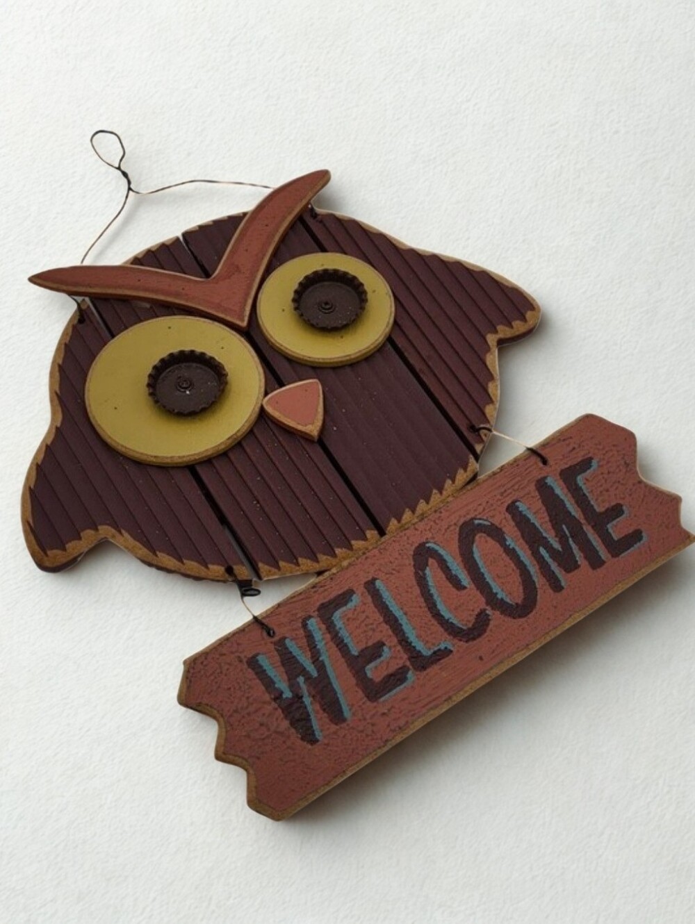 Owl Wood Bottle Cap Eyes Wall Hanging Welcome Sign Primitive Rustic